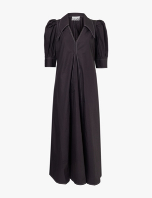 GANNI: V-neck puff-sleeved cotton-poplin maxi dress