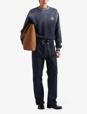 PRADA: Logo-print contrast-stripe cotton sweatshirt