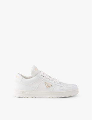 Shop Prada Womens  Downtown Logo-plaque Leather Low-top Trainers In White