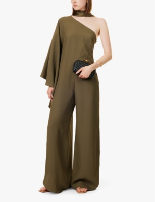 TALLER MARMO WOMENS FOREST GREEN EBRO ASYMMETRIC NECKLINE WOVEN JUMPSUIT 