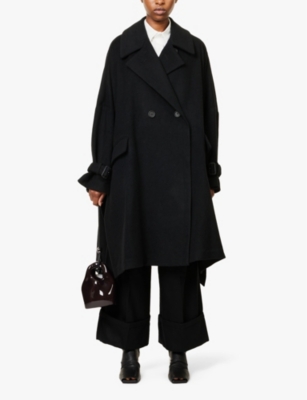 Shop Regulation Yohji Yamamoto Womens  Side-slit Double-breasted Wool-blend Coat In Black