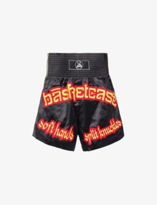 Shop Basketcase Mens Black Boxer High-rise Appliqué Satin Shorts