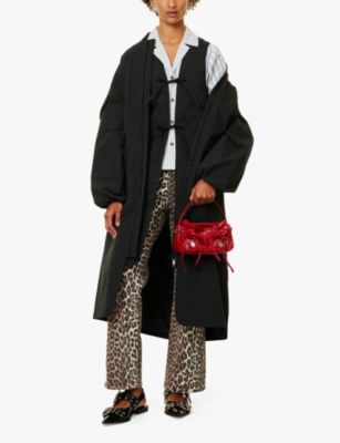 Ganni Womens Black Seersucker Longline Oversized Recycled-polyester Coat In Black