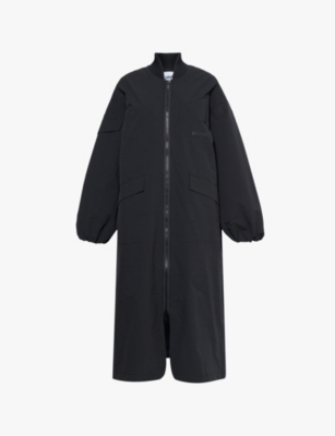 Ganni Womens Black Seersucker Longline Oversized Recycled-polyester Coat In Black