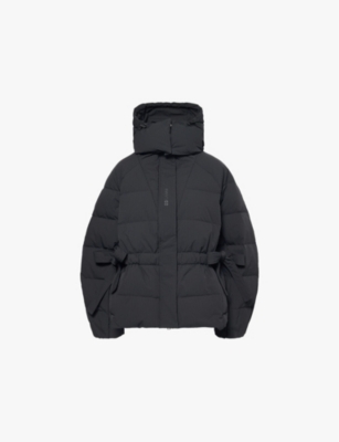Ganni Oversized Seersucker Puffer Jacket With Removable Hood In Black