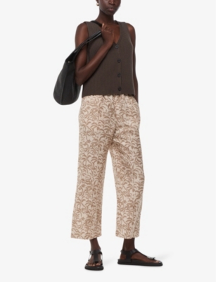 Whistles Womens Cream Palm-print Elasticated-waist Linen-blend Trousers In Cream