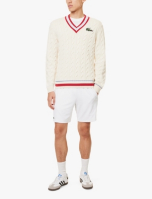 LACOSTE LACOSTE MEN'S OFF WHITE BIG CROCODILE-EMBROIDERED COTTON-KNITTED JUMPER