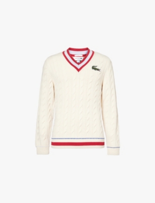 LACOSTE LACOSTE MEN'S OFF WHITE BIG CROCODILE-EMBROIDERED COTTON-KNITTED JUMPER