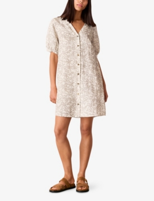 Whistles Womens Palm-print V-neck Linen-blend Mini Dress Cream
