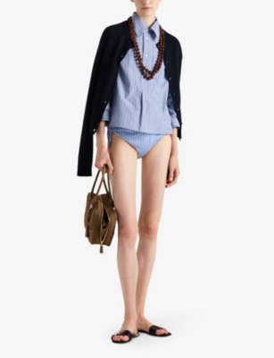 PRADA: Striped side-tie high-rise cotton-poplin bikini bottoms