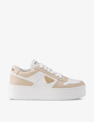 Shop Prada Womens  Downtown Bold Platform-sole Leather Trainers In White