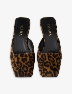 PRADA: Leopard-print square-toe leather heeled mules