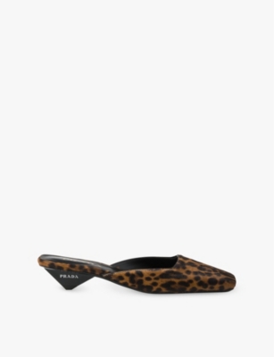 Prada Womens Neutral Leopard-print Square-toe Leather Heeled Mules
