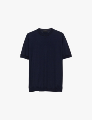 Prada Mens Blue Logo-appliqué Short-sleeve Wool-knit Sweatshirt