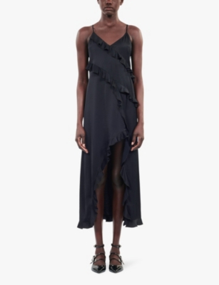 The Kooples Ruffled Asymmetric Woven Midi Dress In Black