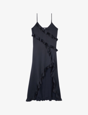 The Kooples Ruffled Asymmetric Woven Midi Dress In Black