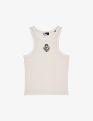 Shop The Kooples Womens  Logo-embroidered Slim-fit Cotton Vest In Ecru