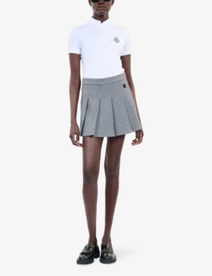 Shop The Kooples Womens Grey Melange Embroidered-patch Pleated Knitted Mini Skirt Xs