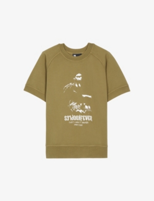 The Kooples Mens Olive Graphic-print Short-sleeve Cotton Sweatshirt