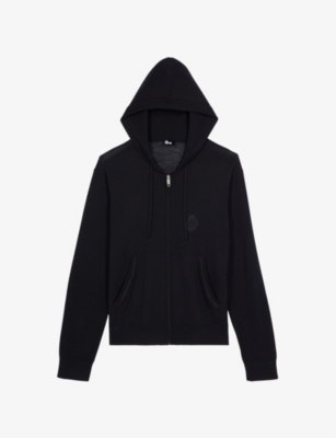 Shop The Kooples Mens Black Logo-embroidered Zip-neck Wool Hoody