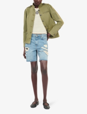 Shop The Kooples Womens Olive Night Officer-collar Patch-pockets Cotton Jacket