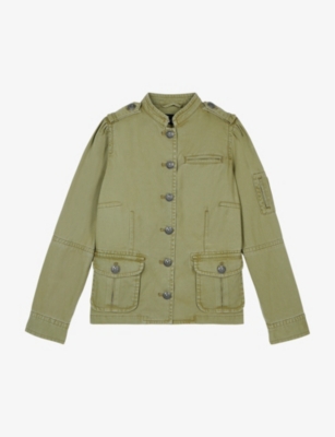 Shop The Kooples Womens Olive Night Officer-collar Patch-pockets Cotton Jacket