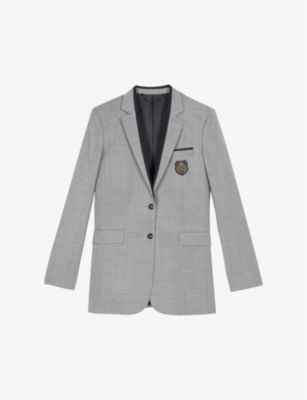 Shop The Kooples Womens  Blazon-patch Contrast-piping Wool Jacket In Beige Melange