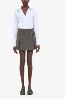 The Kooples Prince Of Wales-check Pleated Wool Mini Skirt In Brown