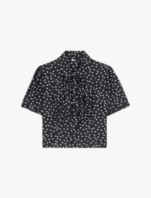 Shop The Kooples Womens Black White Polka-dot Print Ruffle-trim Cropped Cotton And Silk Shirt