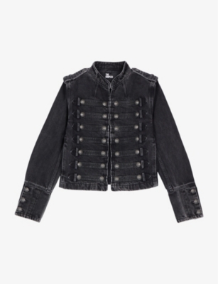 Shop The Kooples Womens Black Washed Button-embellished Slim-fit Denim Jacket