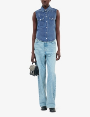 THE KOOPLES WOMENS USED RAPIECE SLIM-FIT BUTTON-DOWN SLEEVELESS DENIM SHIRT 