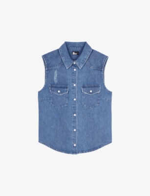 THE KOOPLES WOMENS USED RAPIECE SLIM-FIT BUTTON-DOWN SLEEVELESS DENIM SHIRT 