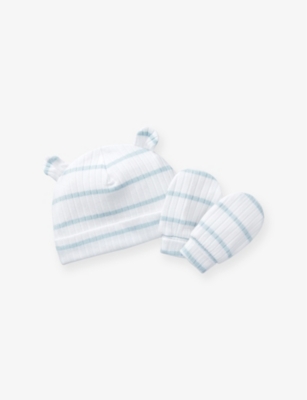 THE LITTLE WHITE COMPANY: Stripe Ribbed Organic-Cotton Hat & Mittens Set 0-12 Months