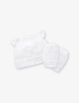 THE LITTLE WHITE COMPANY: Love Bud Cotton Hat and Mittens Set 0-12 Months
