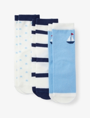 THE LITTLE WHITE COMPANY: Sailboat-Intarsia Pack of Three Organic-Cotton Socks 0 months-6 Years