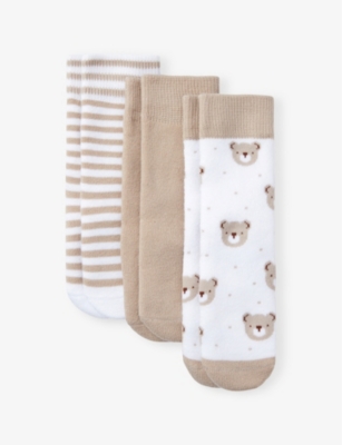 THE LITTLE WHITE COMPANY: Bear Face Pack of Three Cotton-Blend Socks 0 Months-2 years
