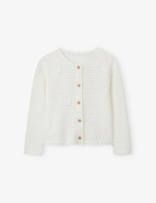 THE LITTLE WHITE COMPANY: Crochet-Flower Round-Neck Organic-Cotton Cardigan 0-18 months