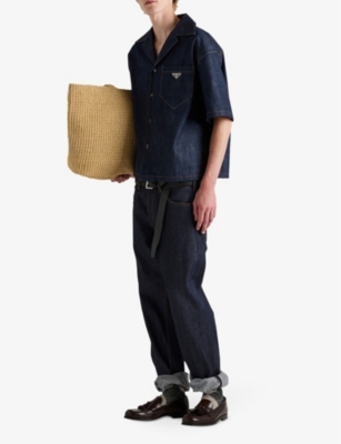 PRADA: Logo-plaque short-sleeve denim shirt