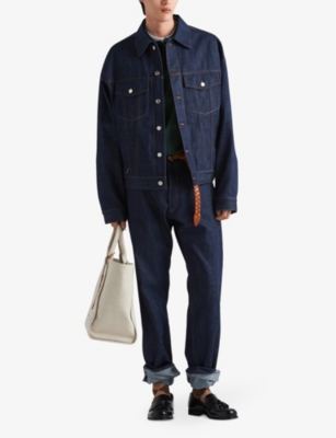 Shop Prada Mens  Selvedge Logo-plaque Denim Jacket In Blue