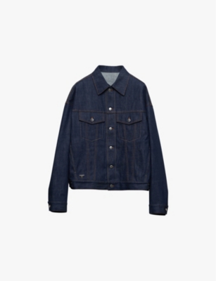 Shop Prada Mens  Selvedge Logo-plaque Denim Jacket In Blue