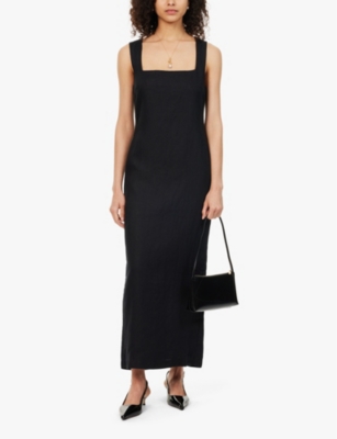 POSSE WOMENS BLACK ALICE SQUARE-NECK LINEN MIDI DRESS XS 