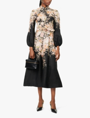 Shop Zimmermann Womens  Floral-print Puff-sleeve Linen Midi Dress In Black Rococo Floral