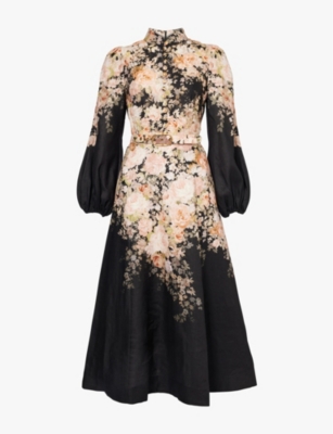 Shop Zimmermann Womens  Floral-print Puff-sleeve Linen Midi Dress In Black Rococo Floral