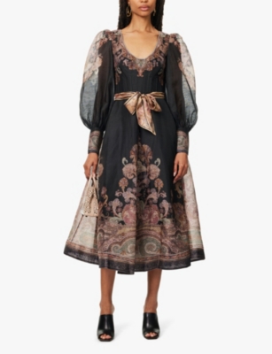 Shop Zimmermann Womens Illustration Structured Paisley-pattern Linen And Silk-blend Midi Dress Black Paisley