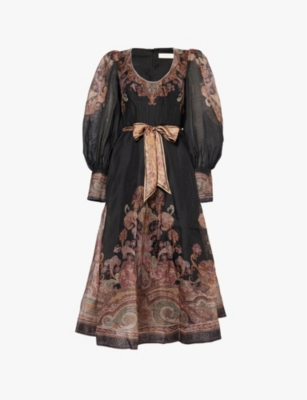 Shop Zimmermann Womens Illustration Structured Paisley-pattern Linen And Silk-blend Midi Dress Black Paisley