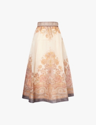 Zimmermann Womens Cream Paisley Paisley-pattern Regular-fit Linen And Silk-blend Midi Skirt