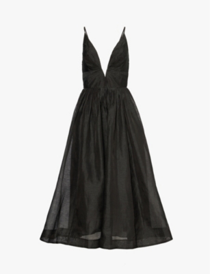 Zimmermann Womens Black V-neckline Plunge Linen And Silk-blend Midi Dress