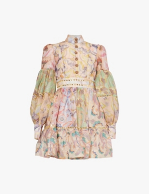 Zimmermann Multicolor Printed Linen Mirror Dress In Spliced Floral