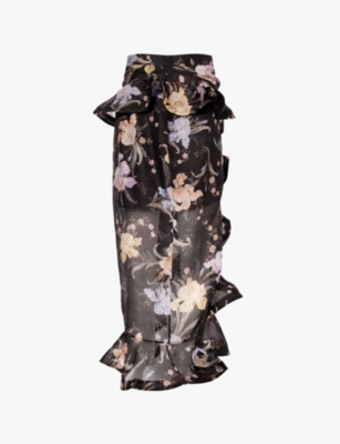 Zimmermann Eden Waterfall Asymmetric Ruffled Floral-print Linen And Silk-blend Midi Skirt In Iris Sherbet