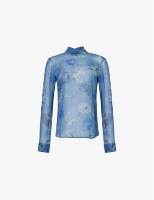 Dries Van Noten Womens  Conis High-neck, Floral Pattern Crepe Blouse In Blue